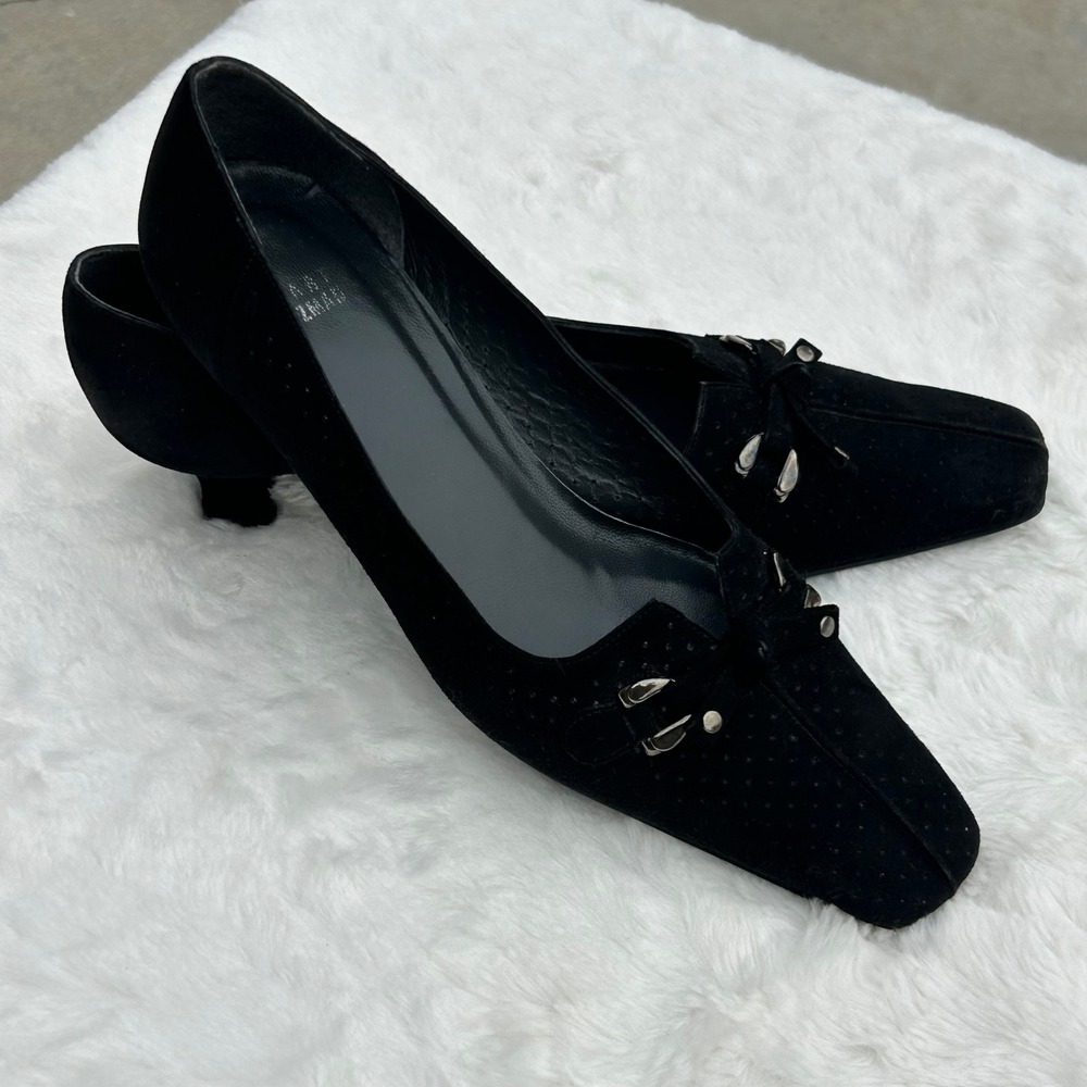 Stuart Weitzman Suede Perforated Bow Kitten Heel Pumps Black 8.5 Square Toe